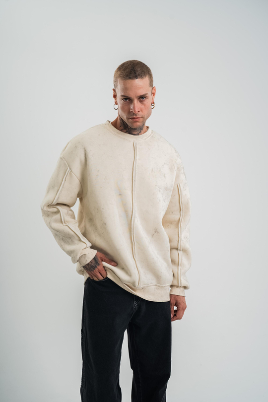 SweatEkru Çift Dilli Yıkamalı Bisiklet Yaka Sweatshirt PLZ