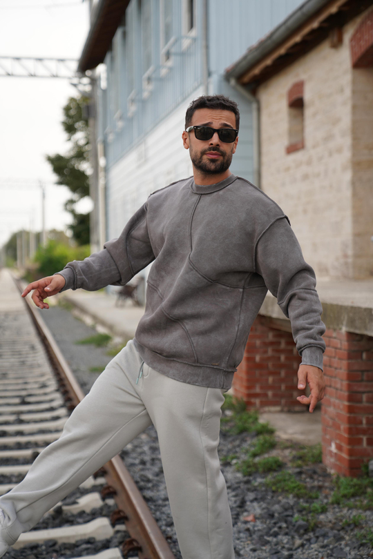 SweatFüme 3 İplik Parçalı Yıkamalı Bisiklet Yaka Sweatshirt PLZ