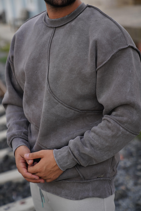 SweatFüme 3 İplik Parçalı Yıkamalı Bisiklet Yaka Sweatshirt PLZ