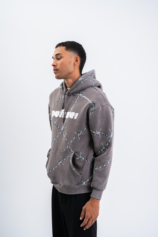 SweatFüme Tel Örgü Pano Baskı Düz Kapşonlu  Sweatshirt PLZ
