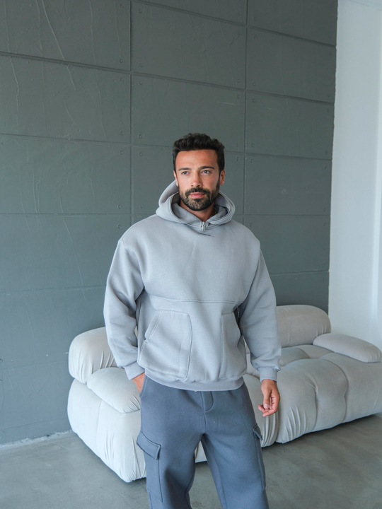 SweatGri 3 İplik Kapşonu Fermuarlı Sweatshirt VS1023