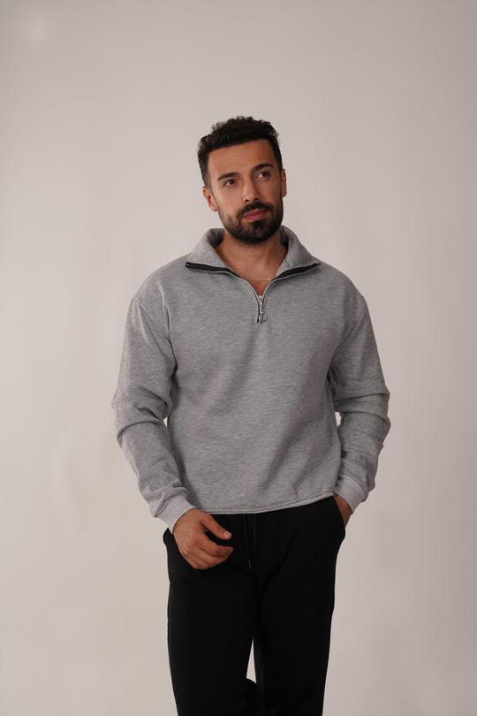 SweatGri 3 İplik Yarım Fermuarlı Hoodie