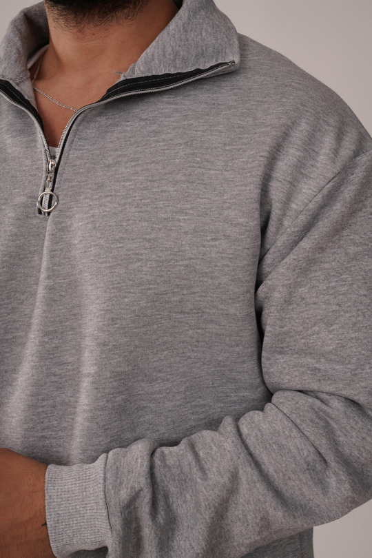 SweatGri 3 İplik Yarım Fermuarlı Hoodie