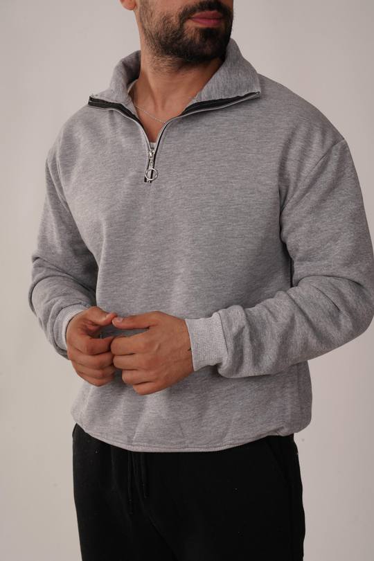 SweatGri 3 İplik Yarım Fermuarlı Hoodie