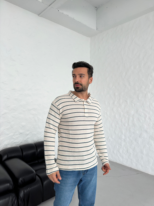 Sweatİndigo İnce Çizgili Üç Düğmeli Polo Yaka Triko SNZ 8396