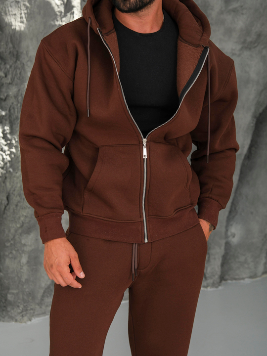 SweatKahve 3 İplik Oversize Compak Tam Fermuarlı Kapüşonlu SC