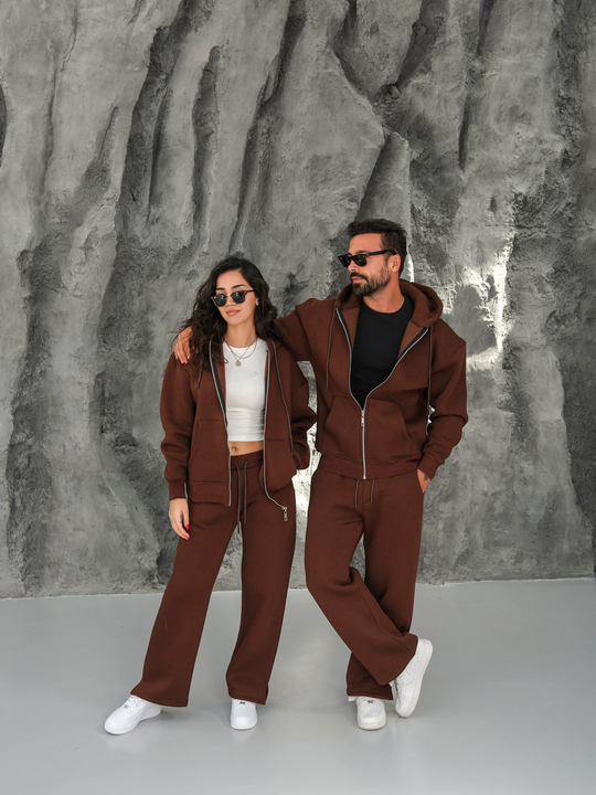 SweatKahve 3 İplik Oversize Compak Tam Fermuarlı Kapüşonlu SC