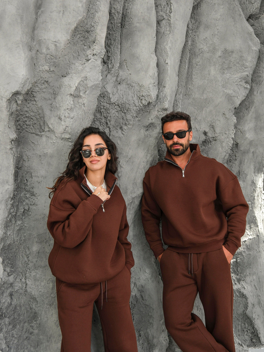 SweatKahve 3 İplik Oversize Compak Yarım Fermuarlı SC
