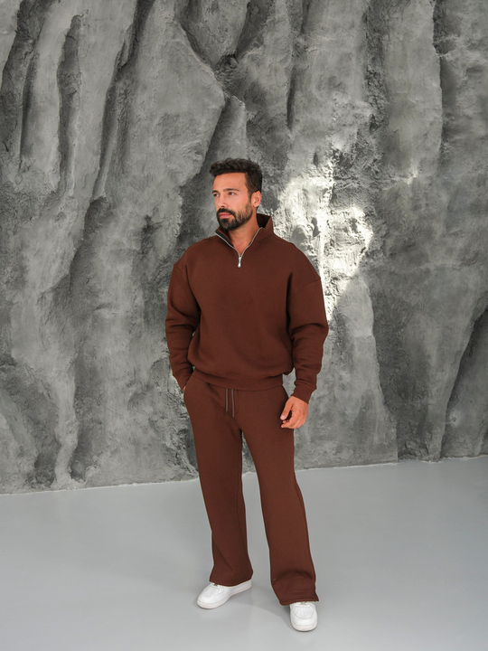 SweatKahve 3 İplik Oversize Compak Yarım Fermuarlı SC