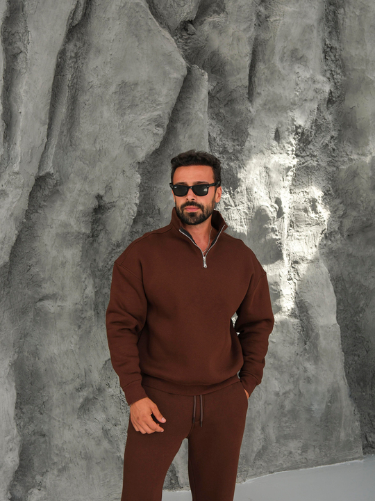 SweatKahve 3 İplik Oversize Compak Yarım Fermuarlı SC