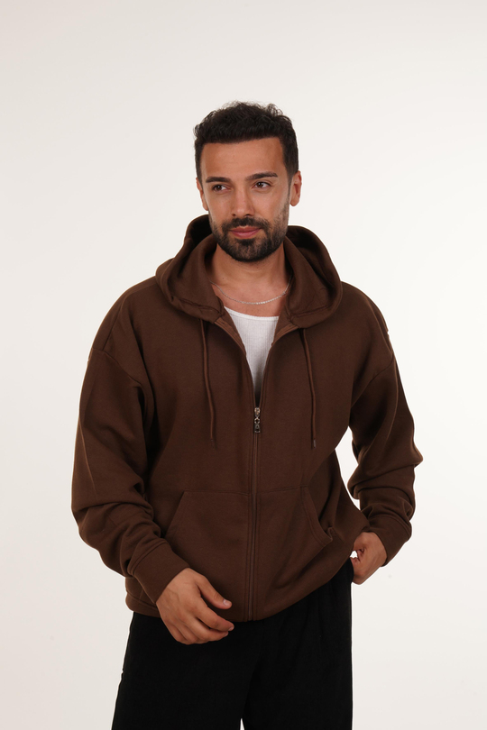 SweatKahve 3 İplik Tam Fermuarlı Kapşonlu SC