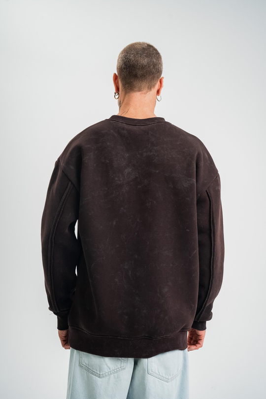 SweatKahve Çift Dilli Yıkamalı Bisiklet Yaka Sweatshirt PLZ