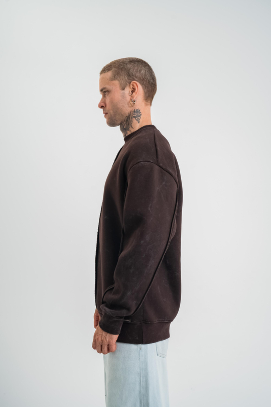 SweatKahve Çift Dilli Yıkamalı Bisiklet Yaka Sweatshirt PLZ