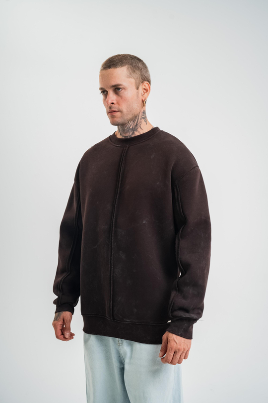 SweatKahve Çift Dilli Yıkamalı Bisiklet Yaka Sweatshirt PLZ