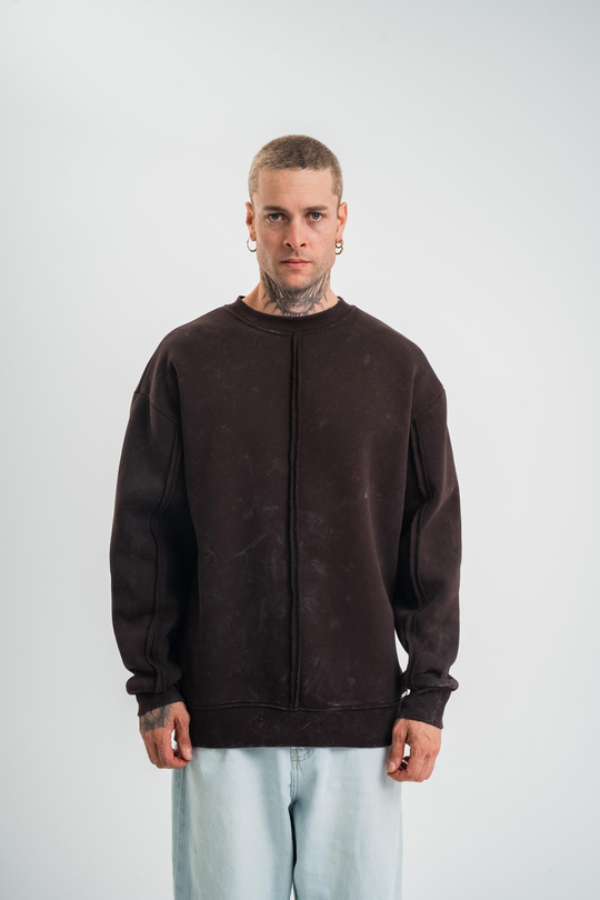 SweatKahve Çift Dilli Yıkamalı Bisiklet Yaka Sweatshirt PLZ