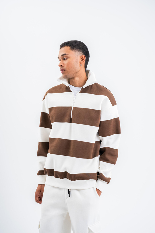 SweatKahve Yarım Fermuarlı Çizgili 3 İplik Sweatshirt PLZ