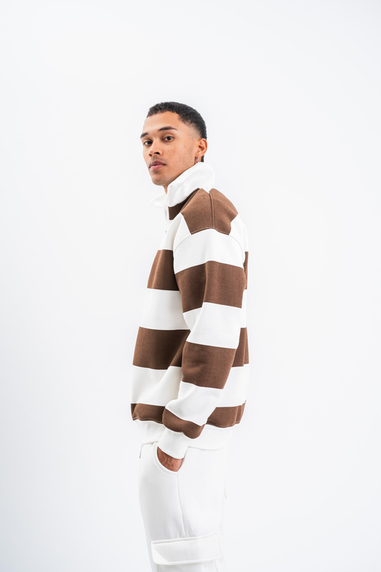 SweatKahve Yarım Fermuarlı Çizgili 3 İplik Sweatshirt PLZ