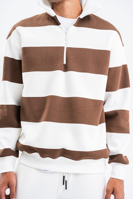 SweatKahve Yarım Fermuarlı Çizgili 3 İplik Sweatshirt PLZ