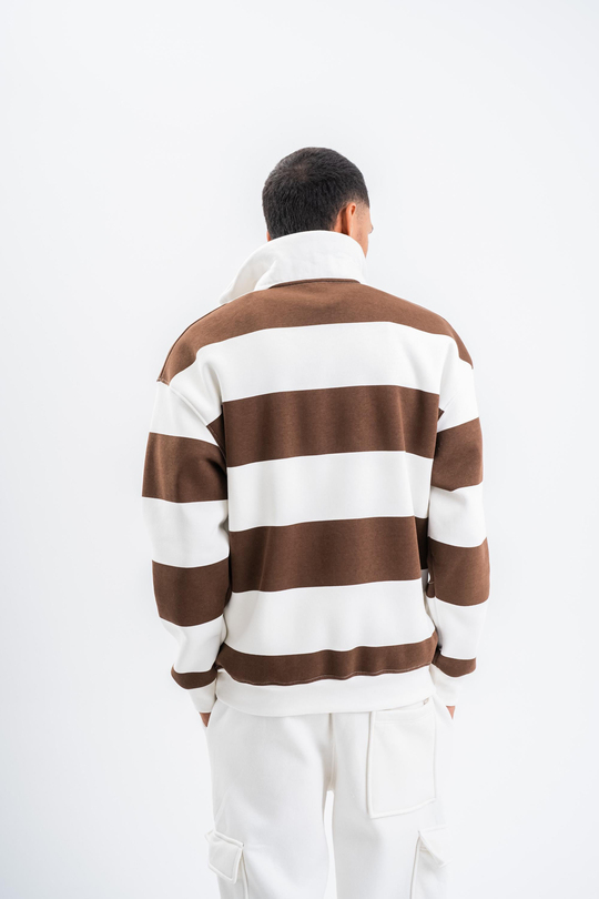 SweatKahve Yarım Fermuarlı Çizgili 3 İplik Sweatshirt PLZ