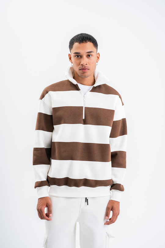 SweatKahve Yarım Fermuarlı Çizgili 3 İplik Sweatshirt PLZ