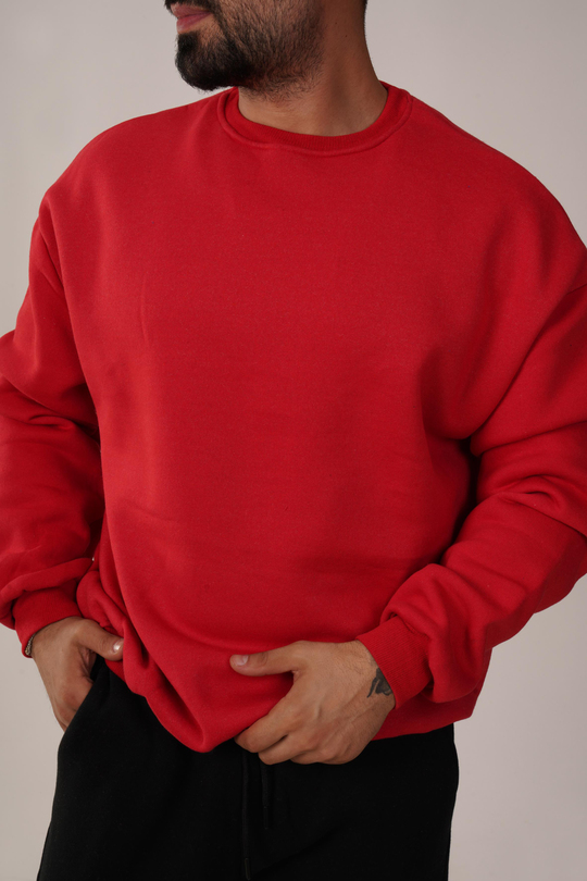 SweatKırmızı 3 İplik Bisiklet Yaka Hoodie