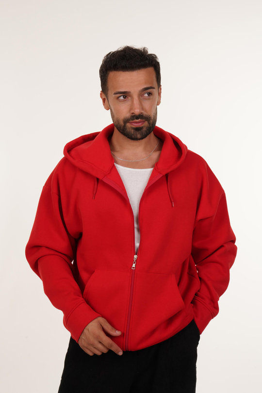 SweatKırmızı 3 İplik Tam Fermuarlı Kapşonlu SC