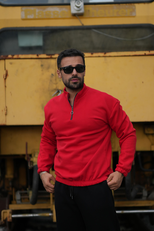 KIRMIZI 3 iplik yarım fermuarlı sweatshirt SC