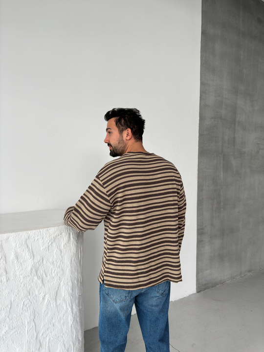 SweatKoyu Kahve Çizgili Göğüs Cepli Bisiklet Yaka Triko SNZ 8219