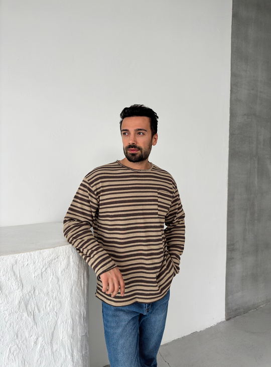 SweatKoyu Kahve Çizgili Göğüs Cepli Bisiklet Yaka Triko SNZ 8219