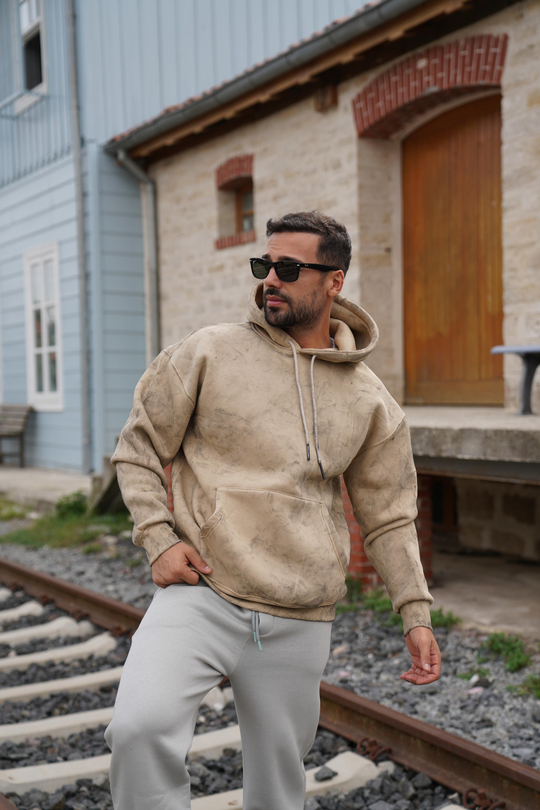 SweatKrem 3 İplik Oversize Yıkamalı Kapşonlu Sweatshirt PLZ