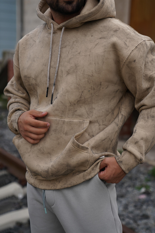 SweatKrem 3 İplik Oversize Yıkamalı Kapşonlu Sweatshirt PLZ
