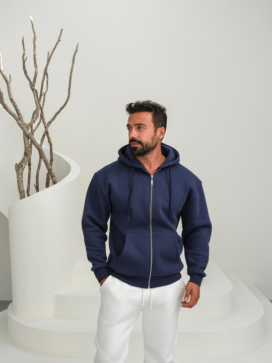 SweatLacivert 3 İplik Oversize Compak Tam Fermuarlı Kapüşonlu SC