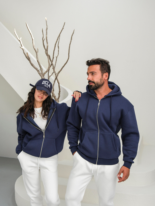 SweatLacivert 3 İplik Oversize Compak Tam Fermuarlı Kapüşonlu SC