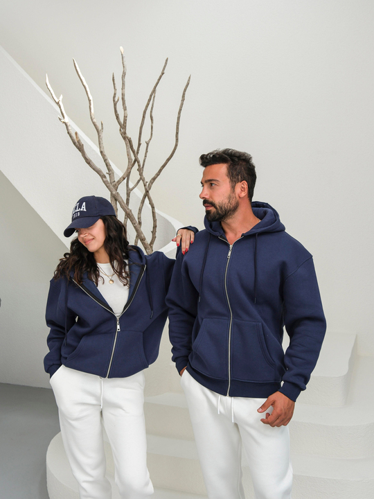 SweatLacivert 3 İplik Oversize Compak Tam Fermuarlı Kapüşonlu SC