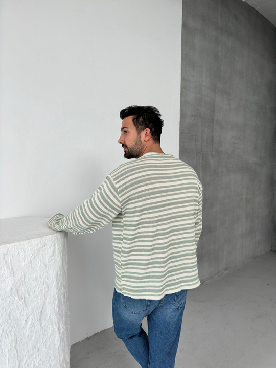 SweatMint Çizgili Göğüs Cepli Bisiklet Yaka Triko SNZ 8219