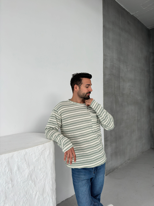 SweatMint Çizgili Göğüs Cepli Bisiklet Yaka Triko SNZ 8219