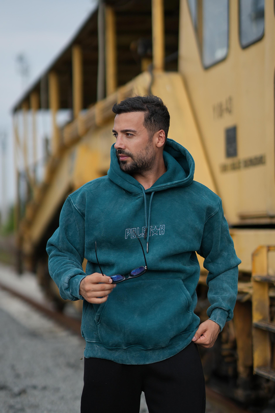SweatPetrol 3 İplik Oversize Polstar Baskılı Kapşonlu Sweatshirt PLZ
