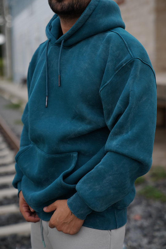SweatPetrol 3 İplik Oversize Yıkamalı Kapşonlu Sweatshirt PLZ
