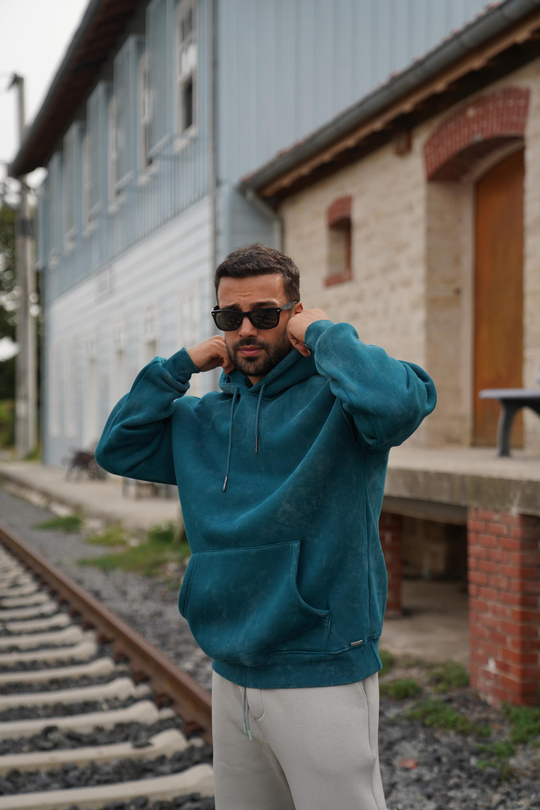 SweatPetrol 3 İplik Oversize Yıkamalı Kapşonlu Sweatshirt PLZ