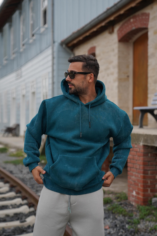 SweatPetrol 3 İplik Oversize Yıkamalı Kapşonlu Sweatshirt PLZ
