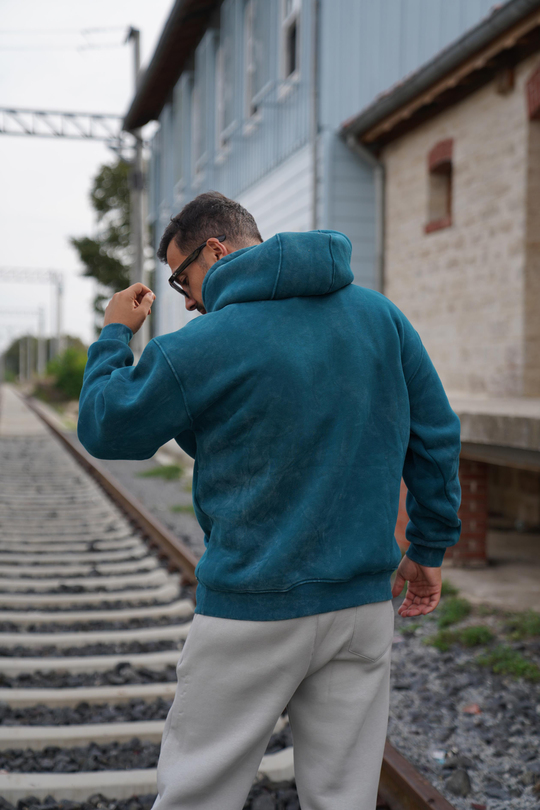 SweatPetrol 3 İplik Oversize Yıkamalı Kapşonlu Sweatshirt PLZ