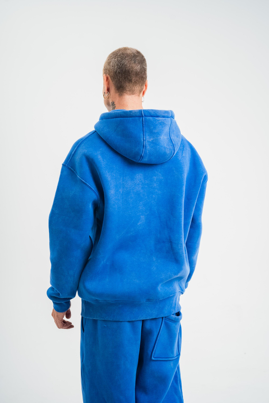 SweatSaksmavi 3 İplik Oversize Yıkamalı Kapşonlu Sweatshirt PLZ