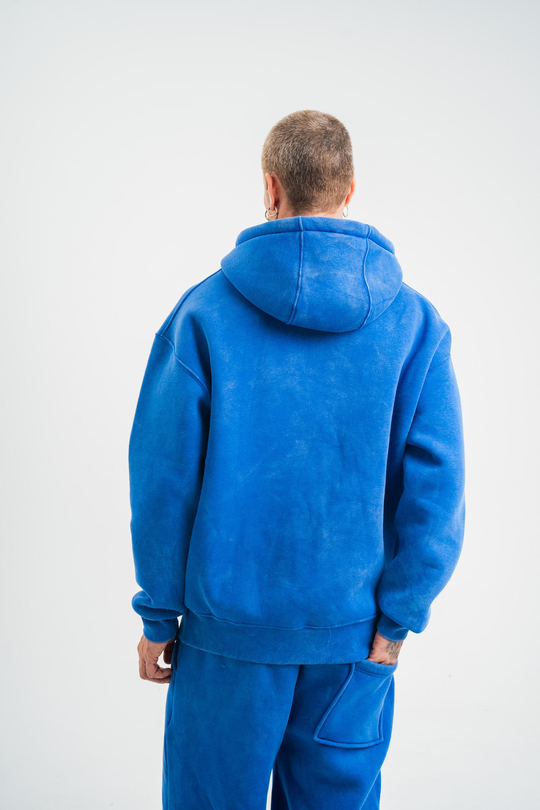 SweatSaksmavi 3 İplik Oversize Yıkamalı Kapşonlu Sweatshirt PLZ