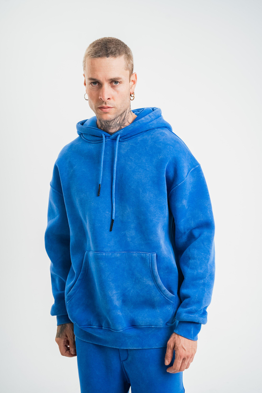 SweatSaksmavi 3 İplik Oversize Yıkamalı Kapşonlu Sweatshirt PLZ