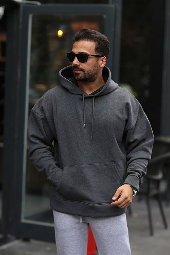 SWEATSHİRTAntrasit  3 İplik Oversize Kapşonlu Hoodie GK
