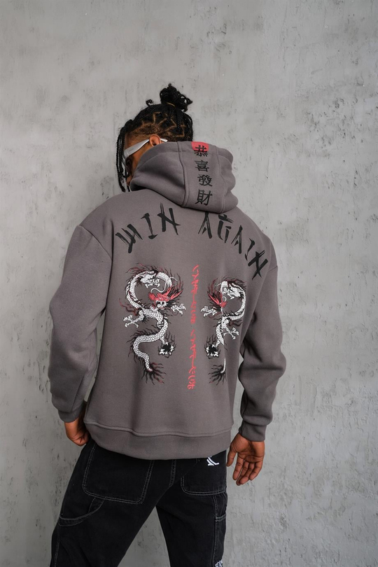 SWEATSHİRTAntrasit JAPAN Baskılı 3 İplik Oversize Kapşonlu Sweatshirt PLZ-03