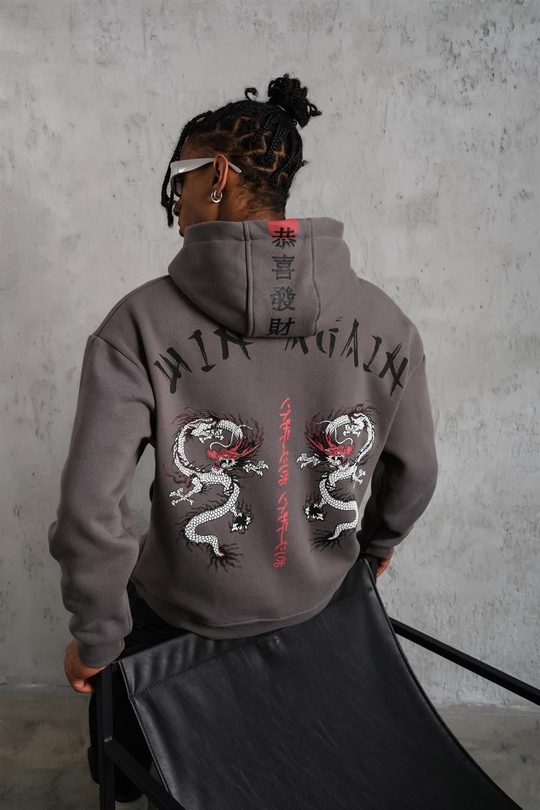 SWEATSHİRTAntrasit JAPAN Baskılı 3 İplik Oversize Kapşonlu Sweatshirt PLZ-03