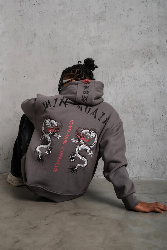 SWEATSHİRTAntrasit JAPAN Baskılı 3 İplik Oversize Kapşonlu Sweatshirt PLZ-03