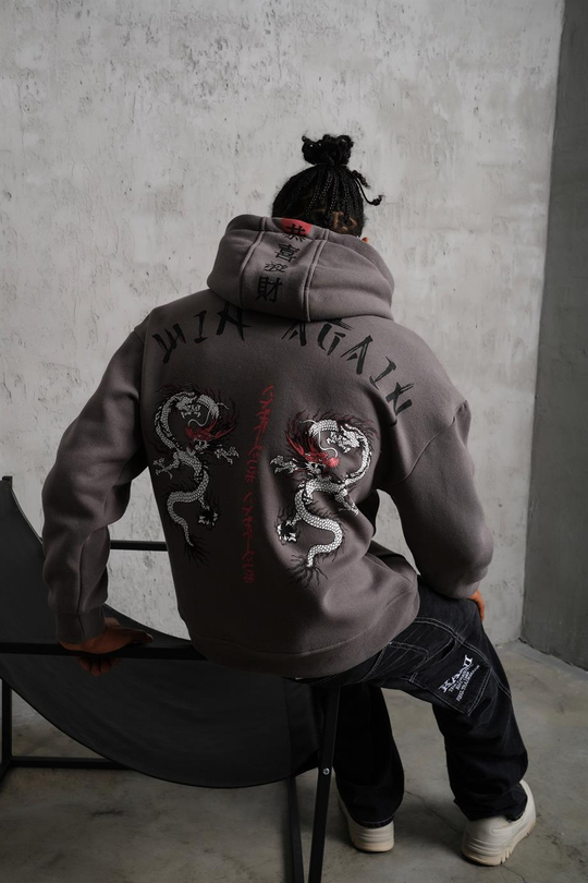 SWEATSHİRTAntrasit JAPAN Baskılı 3 İplik Oversize Kapşonlu Sweatshirt PLZ-03