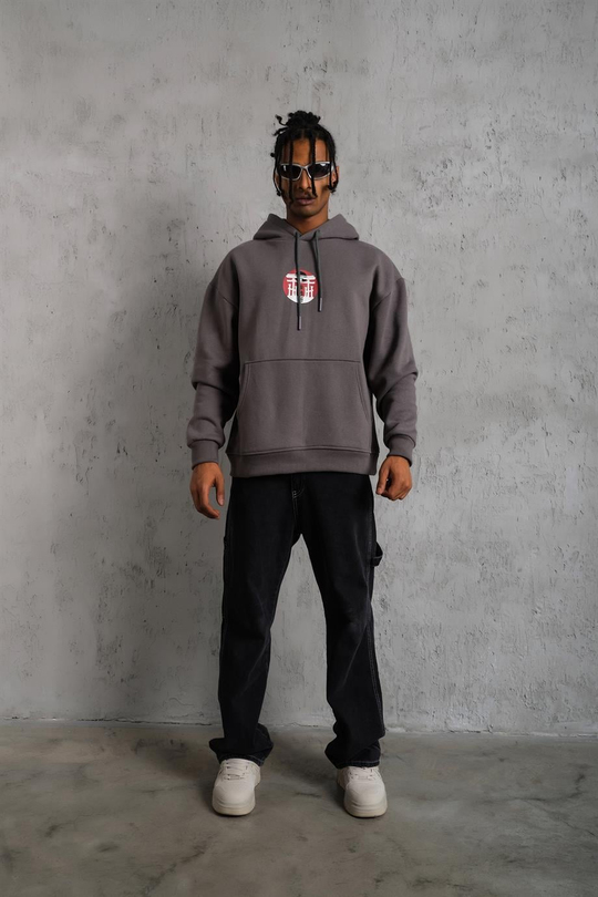 SWEATSHİRTAntrasit JAPAN Baskılı 3 İplik Oversize Kapşonlu Sweatshirt PLZ-03
